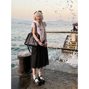 显瘦百搭中长短裙 复古学院风波点百褶半身裙女辣妹修身 JMJ 美式