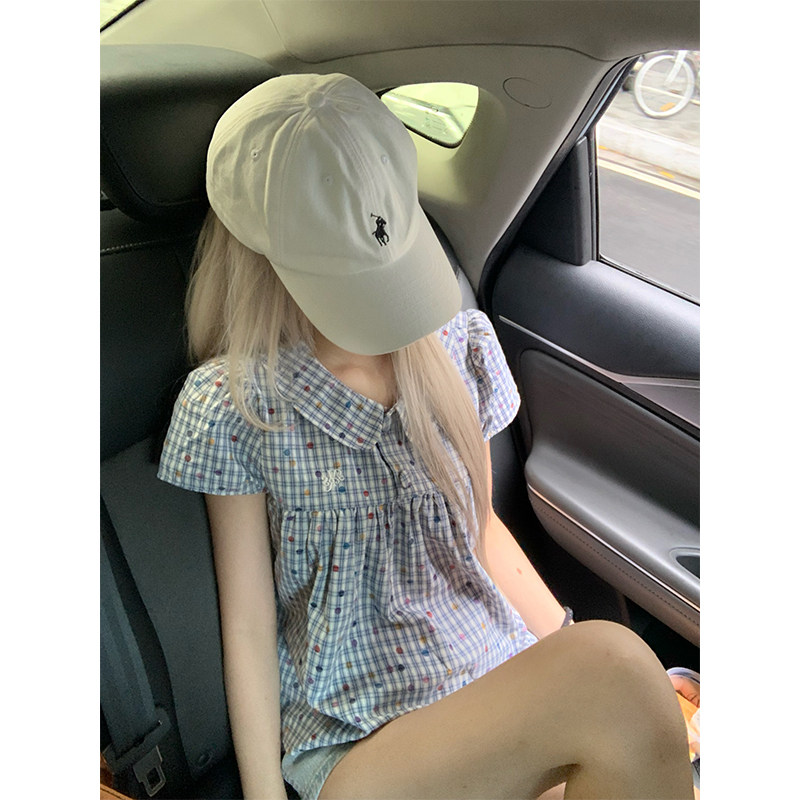 JMJ 美式复古学院风格子波点翻领短袖衬衫女夏季显瘦百搭短款衬衣