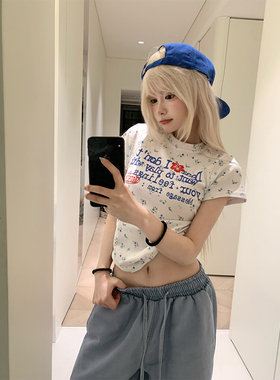 JMJ美式碎花字母印花圆领正肩短袖T恤女夏季宽松休闲百搭打底上衣