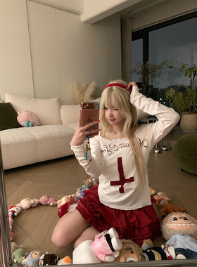 JMJ 美式设计感十字架印花露肩长袖T恤女辣妹修身显瘦百搭打底衫