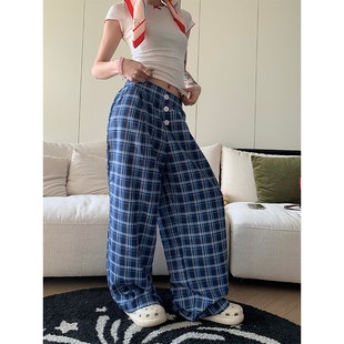 男女宽松休闲慵懒感拖地直筒长裤 JMJ 复古排扣格子裤 美式 2025春季