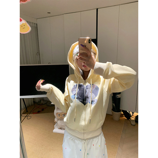趣味爱心兔印花连帽开衫 卫衣男女春秋宽松百搭潮牌外套 美式 JMJ