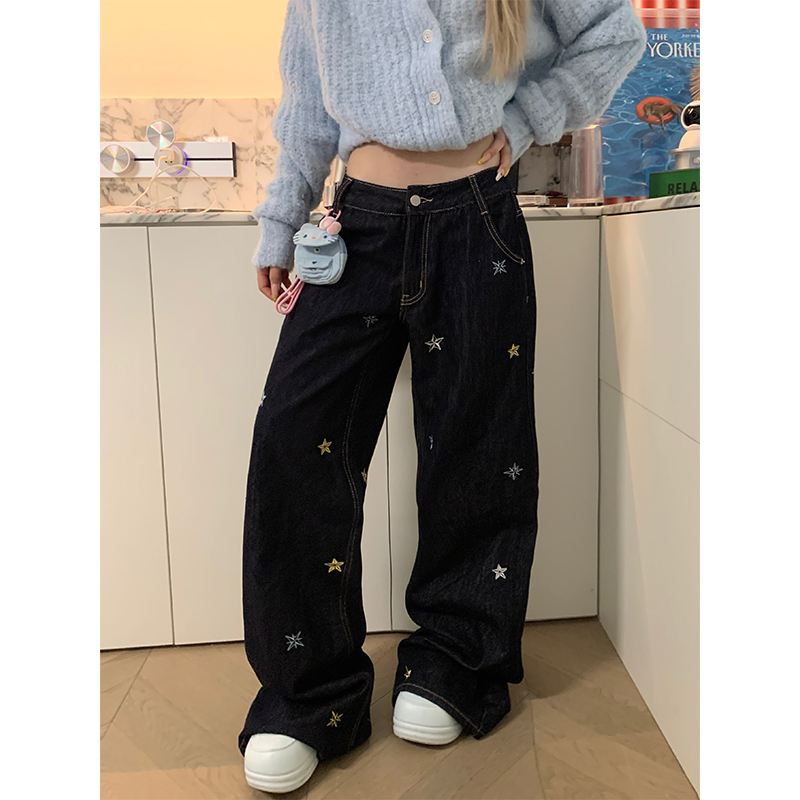JMJ 美式设计感星星绣花阔腿牛仔裤男女宽松休闲百搭直筒长裤