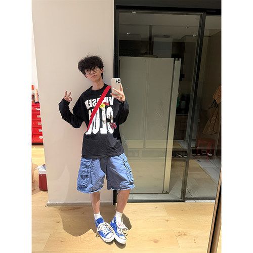 JMJ 美式复古字母印花圆领长袖T恤男女春秋宽松休闲百搭上衣