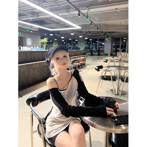 JMJ 美式复古一字领撞色露肩长袖T恤女辣妹宽松休闲防晒轻薄上衣