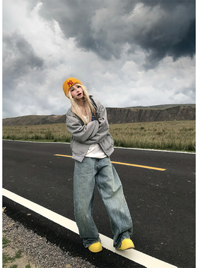 JMJ 美式水洗闪电纹烫钻弯刀牛仔裤男女宽松休闲直筒阔腿百搭长裤