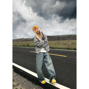 男女宽松休闲直筒阔腿百搭长裤 水洗闪电纹烫钻弯刀牛仔裤 美式 JMJ