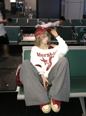 JMJ 美式复古字母印花斜领肩带长袖T恤女辣妹修身显瘦打底上衣