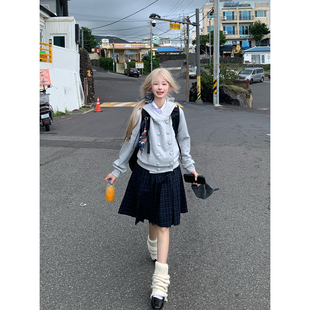 JMJ 美式复古格子松紧腰百褶半身裙女学院风宽松休闲百搭中裙