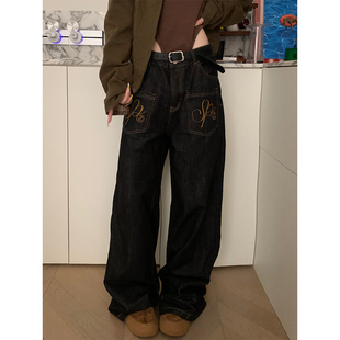 男女直筒宽松休闲潮流长裤 小众设计字母刺绣阔腿牛仔裤 美式 JMJ