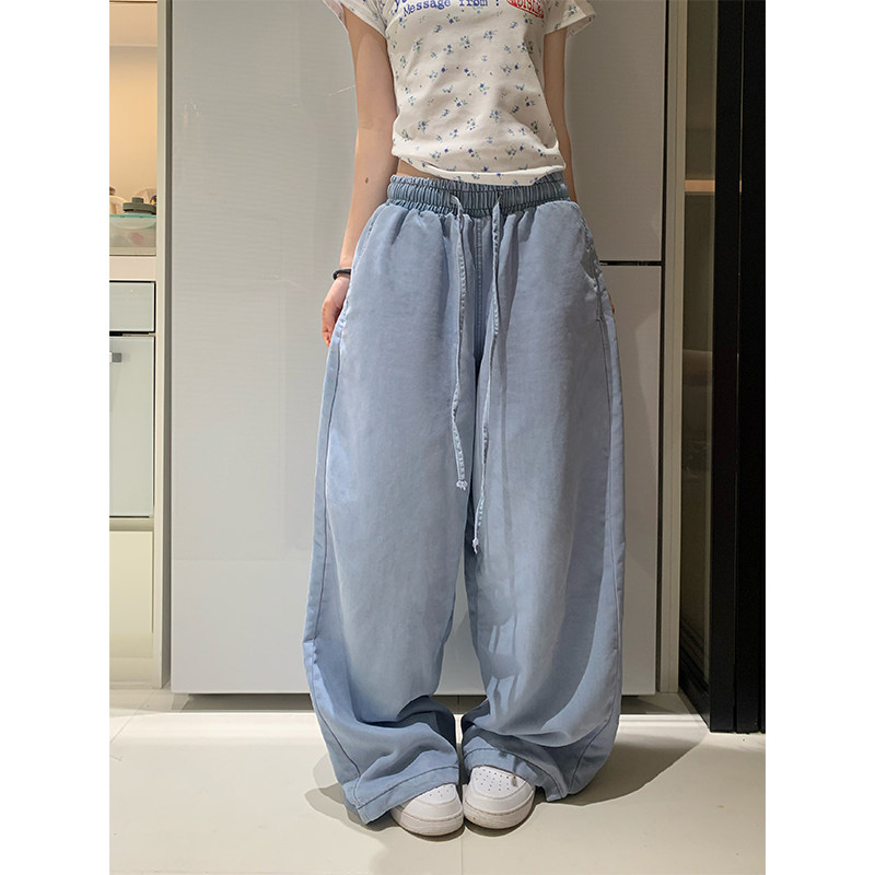JMJ 美式抽绳松紧腰莱赛尔阔腿裤男女宽松休闲百搭垂感直筒长裤
