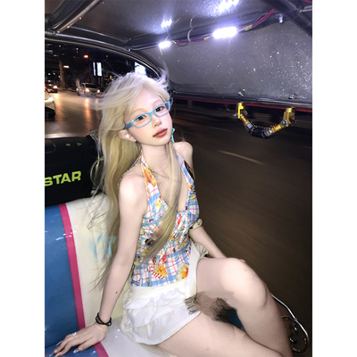 JMJ 美式蓝白格趣味美食印花V领绑带挂脖女辣妹夏季显瘦背心上衣