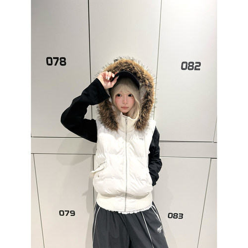 JMJ 美式毛领连帽设计感无袖棉衣马甲男女秋冬百搭保暖叠穿外套