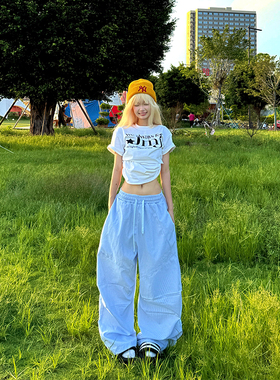 JMJ美式慵懒风字母抽绳卫裤男女宽松休闲垂感阔腿直筒百搭长裤