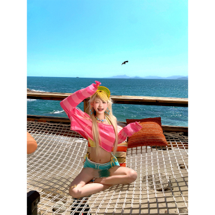 显瘦露肩防晒罩衫 JMJ T恤女辣妹夏季 复古拼色条纹一字领长袖 美式