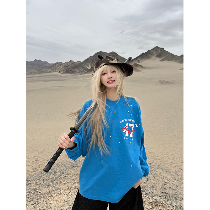 JMJ 美式星星铆钉字母印花圆领长袖T恤男女春秋宽松休闲百搭上衣