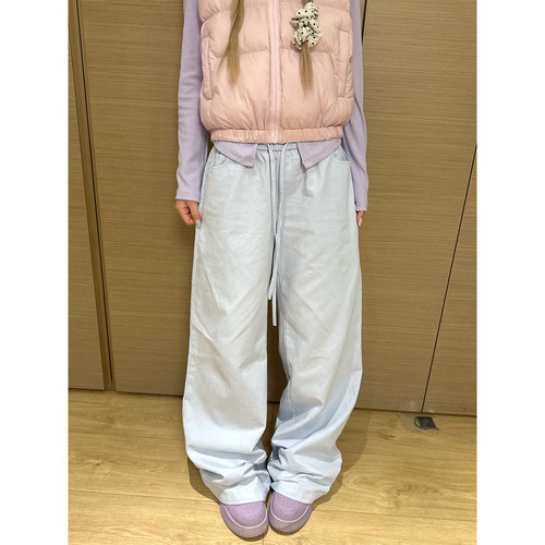 JMJ 美式复古基础款松紧腰抽绳直筒休闲裤女宽松百搭阔腿拖地裤