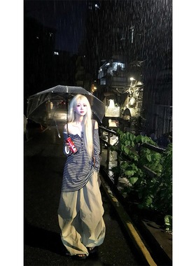 JMJ 美式慵懒风条纹拼色露肩长袖T恤女休闲显瘦百搭防晒打底上衣