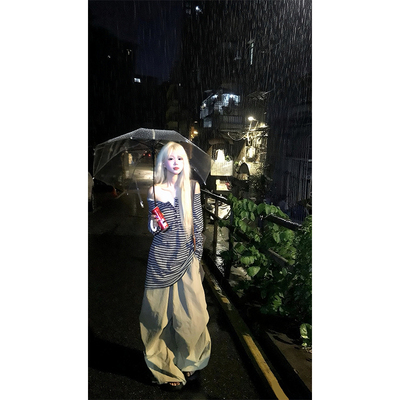 JMJ 美式慵懒风条纹拼色露肩长袖T恤女休闲显瘦百搭防晒打底上衣