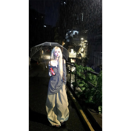 JMJ 美式慵懒风条纹拼色露肩长袖T恤女休闲显瘦百搭防晒打底上衣