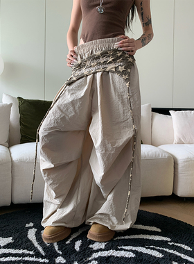 JMJ美式叠穿设计感绑带伞兵裤男女日常宽松休闲褶皱阔腿长裤潮