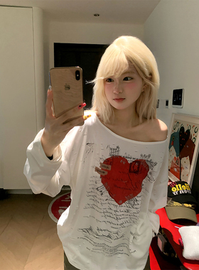 JMJ 美式复古爱心印花破洞斜肩长袖T恤女休闲显瘦露肩打底衫上衣