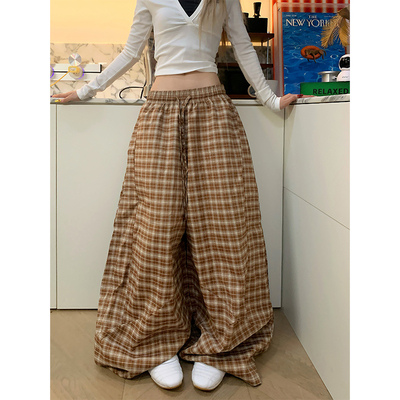 JMJ 美式慵懒松弛感格子抽绳休闲裤男女宽松休闲百搭阔腿拖地长裤
