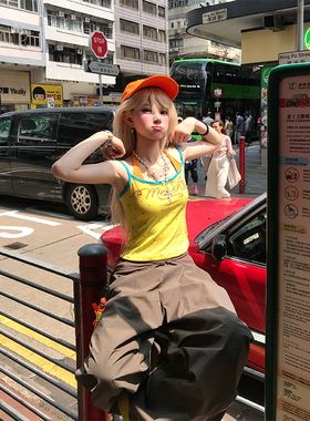JMJ 夏季美式假两件烫钻星星满印吊带背心夏季修身显瘦休闲短上衣