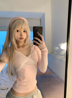 JMJ 美式蕾丝边V领长袖T恤女辣妹修身显瘦百搭休闲打底衫纯欲上衣