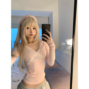 显瘦百搭休闲打底衫 JMJ T恤女辣妹修身 蕾丝边V领长袖 纯欲上衣 美式