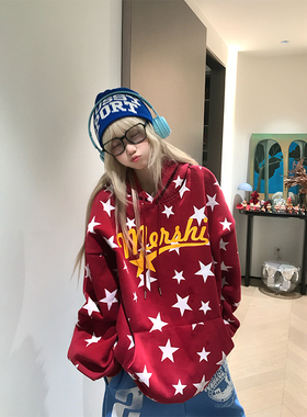 JMJ 美式慵懒风星星满印连帽卫衣男女春秋宽松休闲百搭帽衫外套