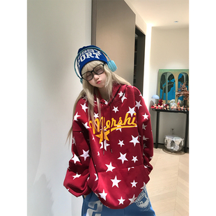 外套 慵懒风星星满印连帽卫衣男女春秋宽松休闲百搭帽衫 JMJ 美式