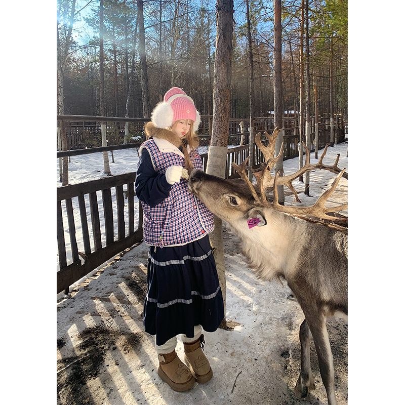 JMJ 美式复古抽绳格子拼接百褶半身裙女学院风宽松休闲百搭中长裙