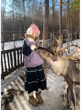 JMJ 美式复古抽绳格子拼接百褶半身裙女学院风宽松休闲百搭中长裙