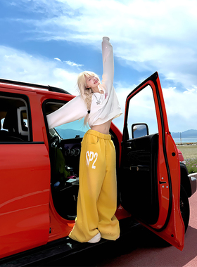 JMJ 美式多巴胺字母印花松紧腰阔腿裤男女垂感宽松休闲直筒卫裤