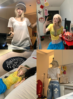 JMJ 美式复古纯色微透短袖T恤女夏季宽松休闲简约百搭薄衫上衣
