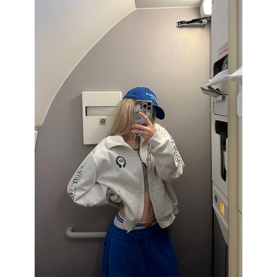 JMJ 美式小众哥特袖边字母印花立领卫衣男女春秋宽松百搭开衫外套