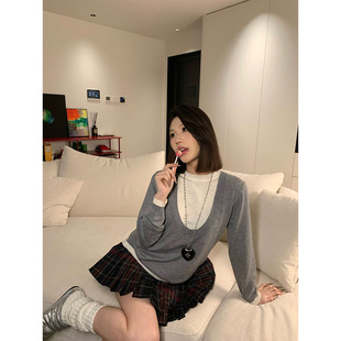 JMJ2024韩系学院慵懒风假两件U领针织衫 女宽松慵懒显瘦气质短上衣