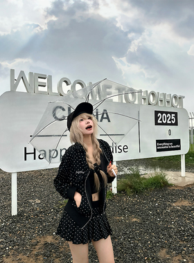 JMJ 美式复古波点满印开衫连帽卫衣女辣妹低腰显瘦百褶半身裙套装