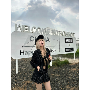 连帽卫衣女辣妹低腰显瘦百褶半身裙套装 复古波点满印开衫 美式 JMJ