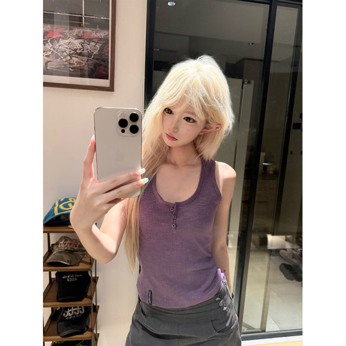 JMJ 美式慵懒纯色U领无袖背心T恤女夏季宽松休闲百搭舒适上衣