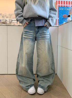 JMJ 美式复古水洗做旧猫须两杠弯刀牛仔裤男女宽松直筒阔腿长裤