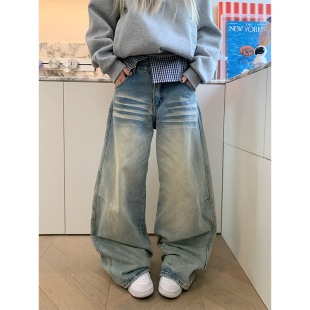 男女宽松直筒阔腿长裤 复古水洗做旧猫须两杠弯刀牛仔裤 美式 JMJ