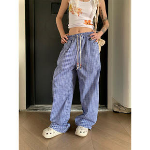男女宽松休闲百搭拖地长裤 JMJ 拼色格子阔腿裤 美式 2025春夏新款