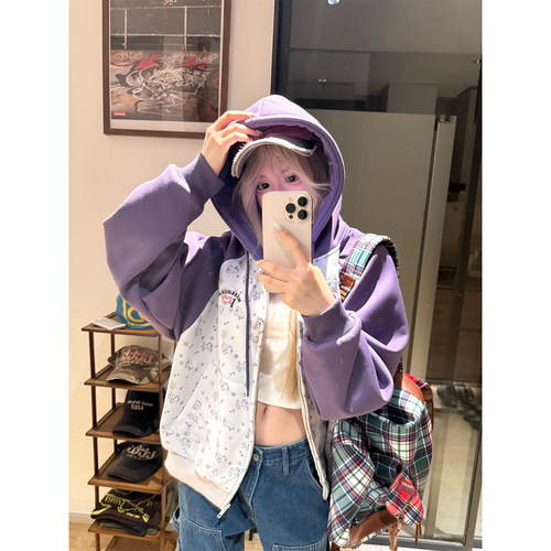 JMJ 美式趣味小狗满印拼色插肩袖连帽卫衣男女秋季宽松百搭外套
