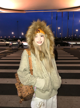 JMJ 美式可拆卸毛领连帽条纹开衫卫衣男女秋季宽松休闲加绒外套