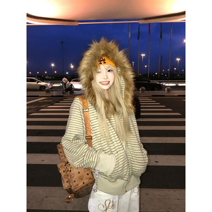 卫衣男女秋季 可拆卸毛领连帽条纹开衫 宽松休闲加绒外套 美式 JMJ