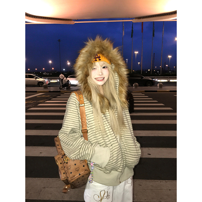 JMJ 美式可拆卸毛领连帽条纹开衫卫衣男女秋季宽松休闲加绒外套