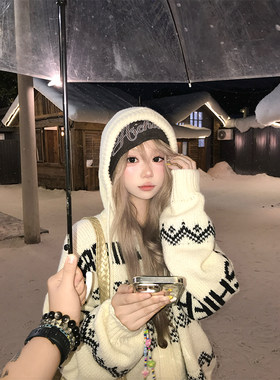 JMJ 美式慵懒风费尔岛提花连帽针织毛衣男女秋冬宽松百搭毛衫外套