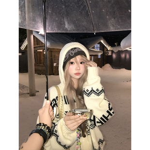 外套 慵懒风费尔岛提花连帽针织毛衣男女秋冬宽松百搭毛衫 JMJ 美式